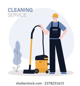 Cleaning service man with vacuum cleaner. Male janitor cartoon character. Young cheerful worker in uniform vacuuming. Guy hoover up floor with vacuum cleaner. Housekeeping staff. vector illustration