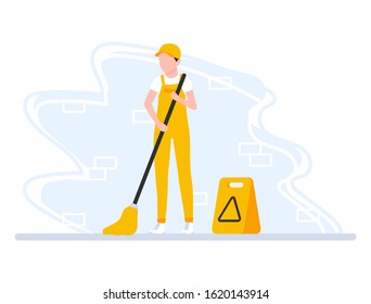 Cleaning service man washes the floor. Male character in uniform with a mop. Сleaner doing household chores. Daily routine. Concept vector illustration in cartoon flat style.
