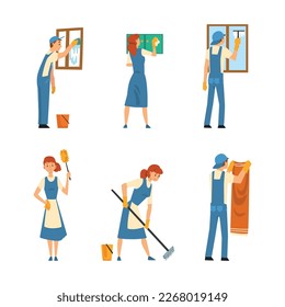 Cleaning Service with Man and Woman Doing Domestic Chores and Housekeeping Vector Set