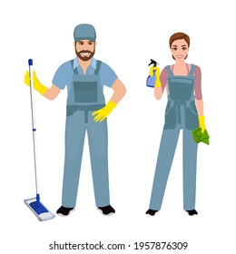 Cleaning service. Man and woman dressed in uniform on isolated background. Vector illustration.