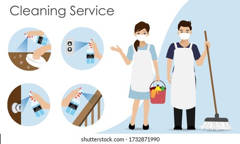 Cleaning service man and woman with infographics of cleaning point areas for 75% alcohol spraying. Idea for hygiene cleaning, COVID-19 corona virus awareness, prevention and cleaning service. Vector.