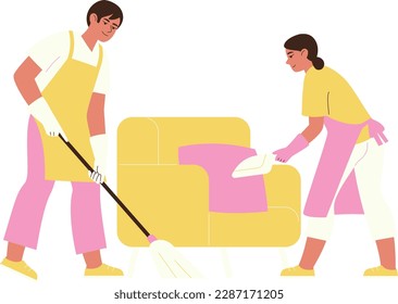 Cleaning Service Man and Woman Cleaning Sofa with Mop Vector Illustration