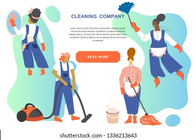 Cleaning service modern concept for your banner, advertisement, flyer or website with the place for your text. Cleaning team in uniform performs various types of works during household chores.