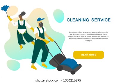 Cleaning service modern concept for your banner, advertisement, flyer or website with the place for your text. Cleaning team in uniform performs various types of works during household chores.