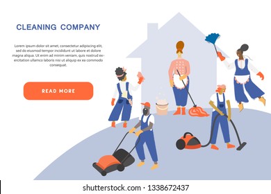 Cleaning service modern concept for your banner, advertisement, flyer or website with the place for your text. Cleaning team in uniform performs various types of works during household chores.