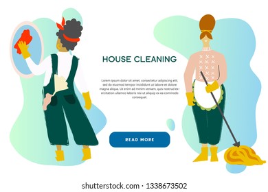 Cleaning service modern concept for your banner, advertisement, flyer or website with the place for your text. Cleaning team in uniform performs various types of works during household chores.