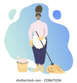 Cleaning service modern concept for your banner, advertisement, flyer or website. Woman washing the floor on abstract background. 