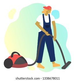 Cleaning service modern concept for your banner, advertisement, flyer or website. Man vacuuming the floor with vacuum cleaner on abstract background.