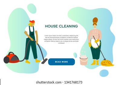 Cleaning service modern concept for your banner, advertisement, flyer or website with the place for your text. Cleaning team in uniform performs various types of works during household chores.