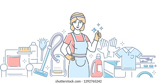 Cleaning service - modern line design style illustration on white background. High quality composition with a female worker in apron and rubber gloves, vacuum, washing machine, detergents, brush