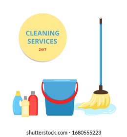 Cleaning service. Mop, bucket and cleaning products. Clean apartment or office vector banner