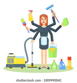 Cleaning service. Multitask maid with tools for cleanliness. Flat vector cartoon illustration. Objects isolated on white background.