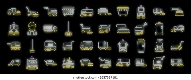 Cleaning service neon icons set, collection of cleaning equipment and street sweeper symbols in neon style vector illustrations