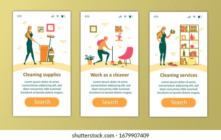Cleaning Service Occupation Mobile App Page Onboard Screen Set for Website, Young Woman Cleaner Work in Apartment with Professional Supplies Sweeping Floor, Dust Off Cartoon Flat Vector Illustration