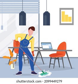 Cleaning service is cleaning the office space before the office workers have not come to work. Vector colorful illustrator. Office.