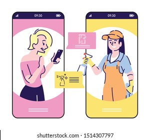 Servicio de limpieza en línea pide la pantalla de la aplicación de caricaturas de smartphone. Pantallas de teléfono móvil con diseño de caracteres planos. Mujer contratando limpiador a través de la interfaz de aplicación telefónica. Ilustración del vector