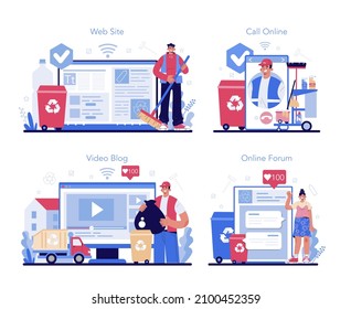 Cleaning Service Online Service Or Platform Set. Cleaning Staff With Special Equipment. Janitor Cleaning Street And Sorting Garbage. Online Call, Forum, Video Blog, Website. Flat Vector Illustration