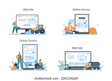 Cleaning service online service or platform set. Cleaning staff with special equipment. Janitor worker cleaning street and sorting garbage. Flat vector illustration
