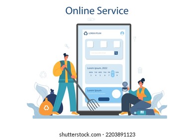 Cleaning service online service or platform. Cleaning staff with special equipment. Janitor worker cleaning street and sorting garbage. Flat vector illustration