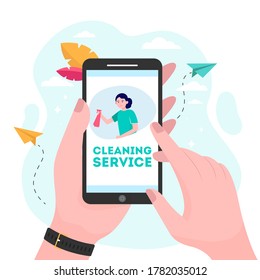 Cleaning service order app. Woman using smartphone and calling in cleaning worker flat vector illustration. Communication, household concept for banner, website design or landing web page