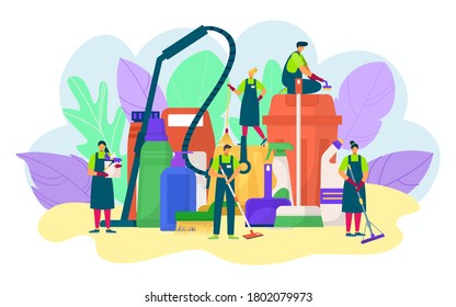 Cleaning service people with detergent concept, vector illustration. Bucket, mop, sponge for washing design, household business. Professional housework company staff, domestic hygiene.