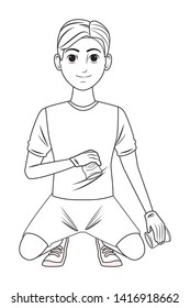 cleaning service person boy picking soda cans avatar cartoon character in black and white vector illustration graphic design