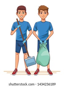 cleaning service person man carrying dustpan and man holding a garbage bag profile picture avatar cartoon character portrait vector illustration graphic design