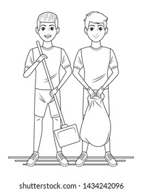 cleaning service person man carrying dustpan and man holding a garbage bag profile picture avatar cartoon character portrait in black and white vector illustration graphic design