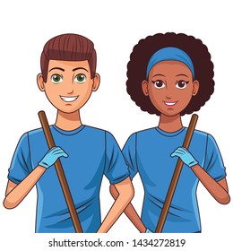 cleaning service person man holding a stick afroamerican and woman with bandana and a stick profile picture avatar cartoon character portrait vector illustration graphic design