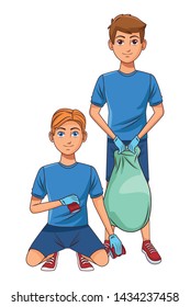 cleaning service person man picking some cans and man holding a garbage bag profile picture avatar cartoon character portrait vector illustration graphic design