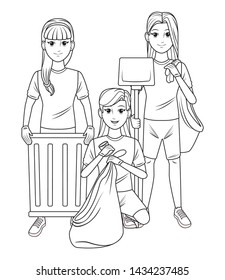 cleaning service person woman with braid holding a trash can, woman putting a can into a garbage bag and woman carrying dustpan and garbage bag profile picture avatar cartoon character portrait in