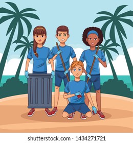 cleaning service person woman with braid holding a trash can, afromerican woman with garbage picker, man carrying dustpan and man picking some cans profile picture avatar cartoon character portrait