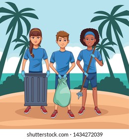 cleaning service person woman with braid holding a trash can, afromerican woman with garbage picker and man holding a garbage bag profile picture avatar cartoon character portrait outdoor over sand
