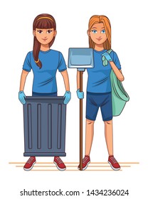 cleaning service person woman with a can and a garbage bag and woman with a dustpan and a garbage bag profile picture avatar cartoon