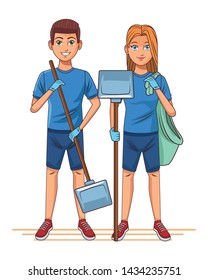 cleaning service person woman carrying dustpan and garbage bag and man carrying dustpan profile picture avatar cartoon character portrait vector illustration graphic design
