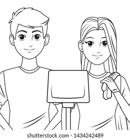 cleaning service person woman with a dustpan and a garbage bag profile picture avatar cartoon character portrait in black and white vector illustration graphic design