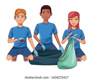 cleaning service person woman putting a can into a garbage bag, man picking some cans and afroamerican man opening a garbage bag profile picture avatar cartoon character portrait vector illustration