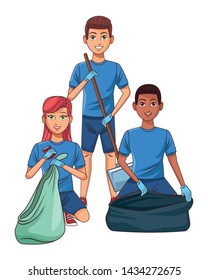 cleaning service person woman putting a can into a garbage bag, man carrying dustpan and afroamerican man opening a garbage bag profile picture avatar cartoon character portrait vector illustration