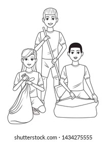 cleaning service person woman putting a can into a garbage bag, man carrying dustpan and afroamerican man opening a garbage bag profile picture avatar cartoon character portrait in black and white