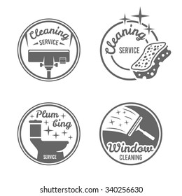 Cleaning Service, Plumbing Service, Window Cleaning Set Of Four Monochrome Vintage Vector Round Badges, Labels, Emblems Isolated On White Background