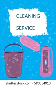 cleaning service poster bottle cleaner sponge for washing bucket bubbles brush stroke watercolor art creative modern vector illustration