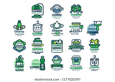 Cleaning service premium quality logo design set, home and office cleaning, car wash and outdoor cleaning vector Illustrations