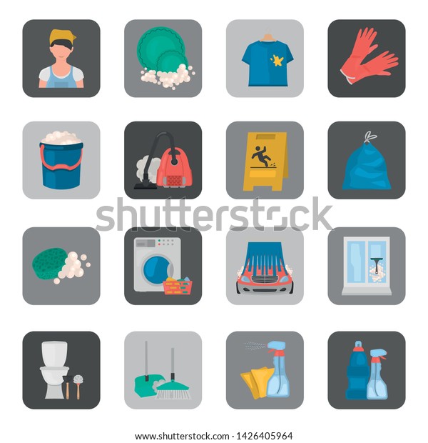Cleaning service process color vector icons set.\
Flat design