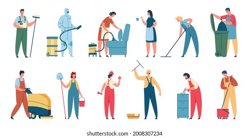 Cleaning service. Professional cleaners in uniform with cleaning equipment. Domestic cleaner, janitor clean house or office vector set. Staff or workers with tools for household chores