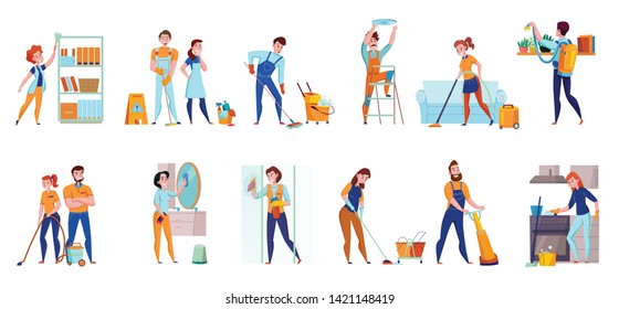 Cleaning service professional duties flat  compositions 2 horizontal sets with floor  sweeping vacuuming mirrors washing vector illustration 