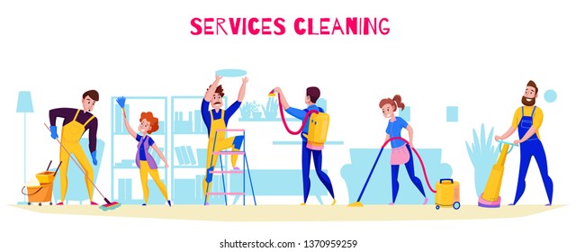 Cleaning service professional duties offer flat horizontal composition with floor washing polishing vacuuming shelves dusting vector illustration