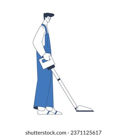 Cleaning Service with Professional Man Worker Character Vacuum the Floor Vector Illustration