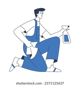 Reinigungsservice mit professionellem Personalcharakter mit einer Vektor-Vektorgrafik mit Wischwasser und Spray
