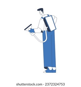 Cleaning Service with Professional Man Worker Character Vacuum the Floor Vector Illustration