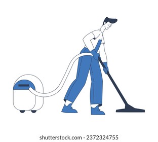 Servicio de limpieza con vacío profesional de caracteres de trabajador de hombre en la ilustración del vector de piso
